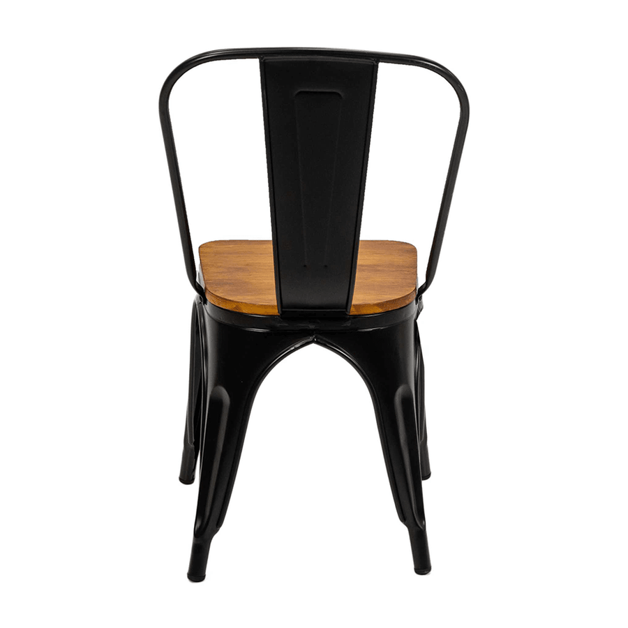 Fekete színű, fémből készült, fa üléses bisztrószék.