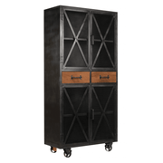 Ipari stílusú fémtálalószekrény pácolt mangófából készült fiókokkal és vasrácsos ajtókkal. Masszív, karakteres és sokoldalúan használható.