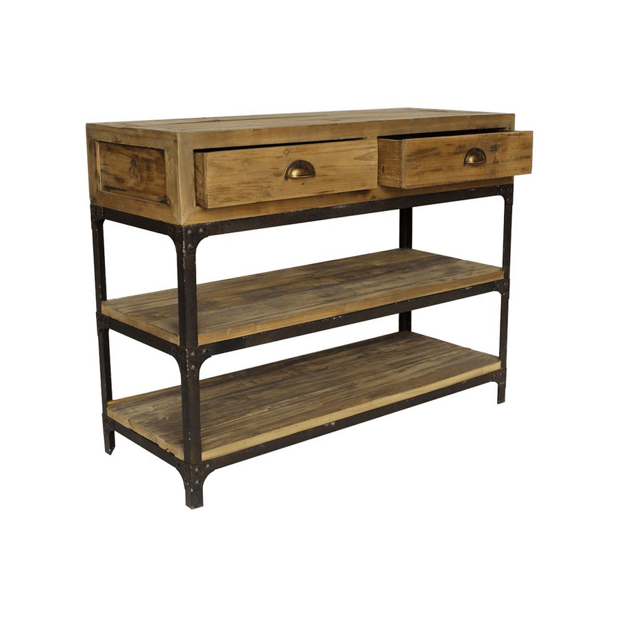 Nyitott fiókos oldalnézet a Factory konzolasztalról, amely megmutatja a fiókok mélységét és funkcionalitását.