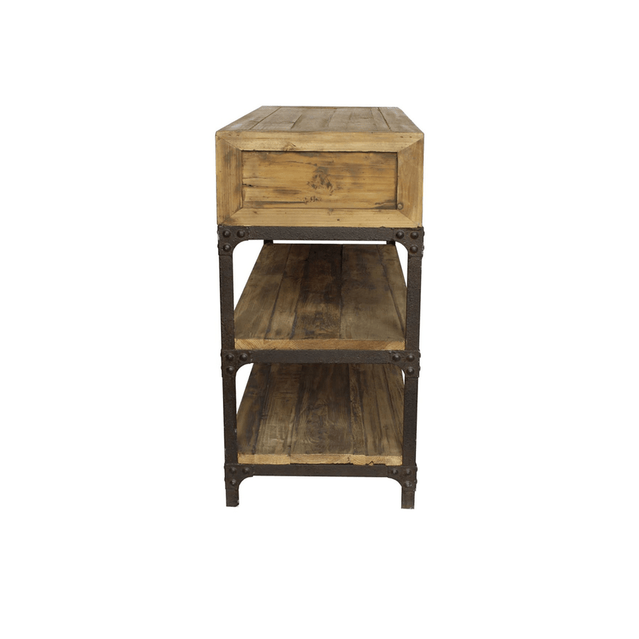 Oldalnézet a konzolasztalról, amely jól mutatja a fiók doboz kialakítását és a polcok mélységét.