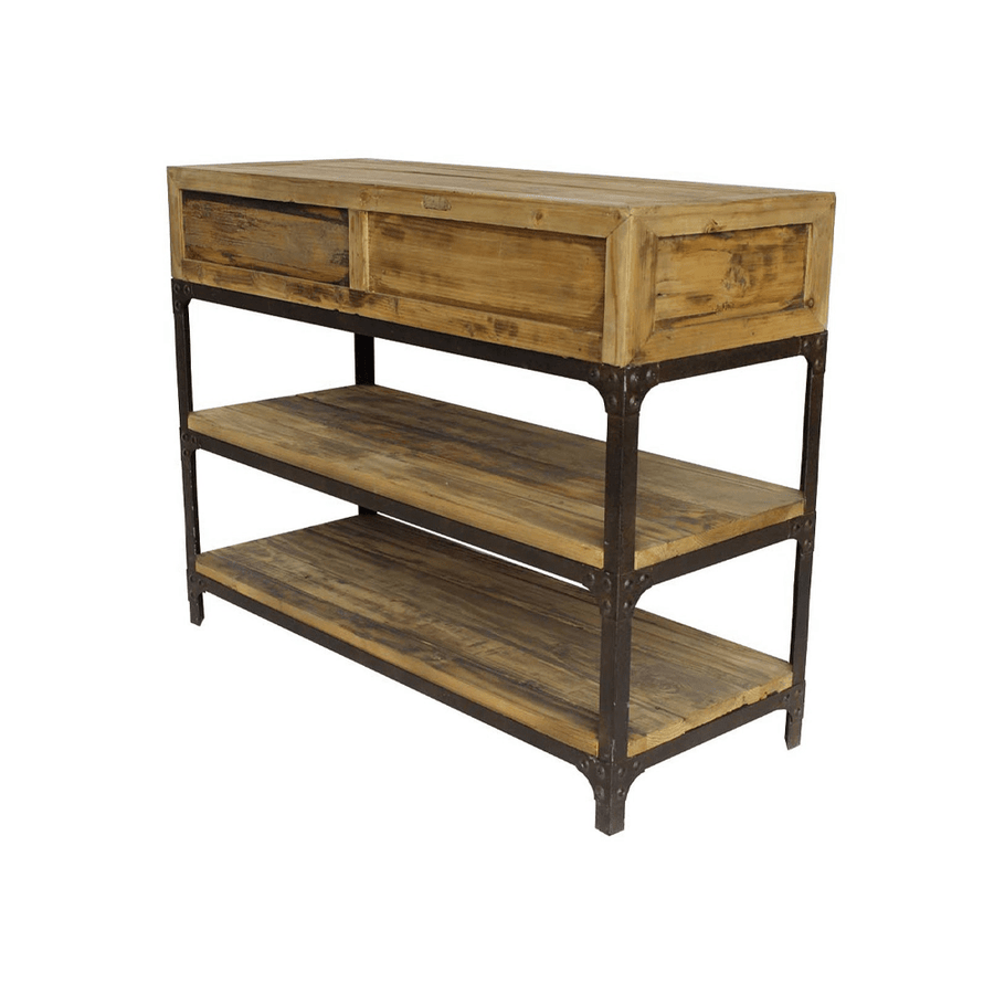 Hátsó és oldalsó nézet a Factory konzolasztalról, amely hangsúlyozza a fiókhátlapok és polcok illesztését.