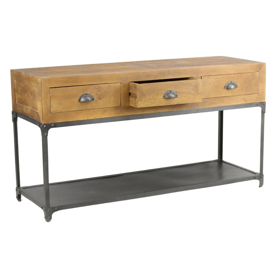 A FACTORY konzolasztal középső fiókjának részben nyitott állapota, funkcionális részletekkel