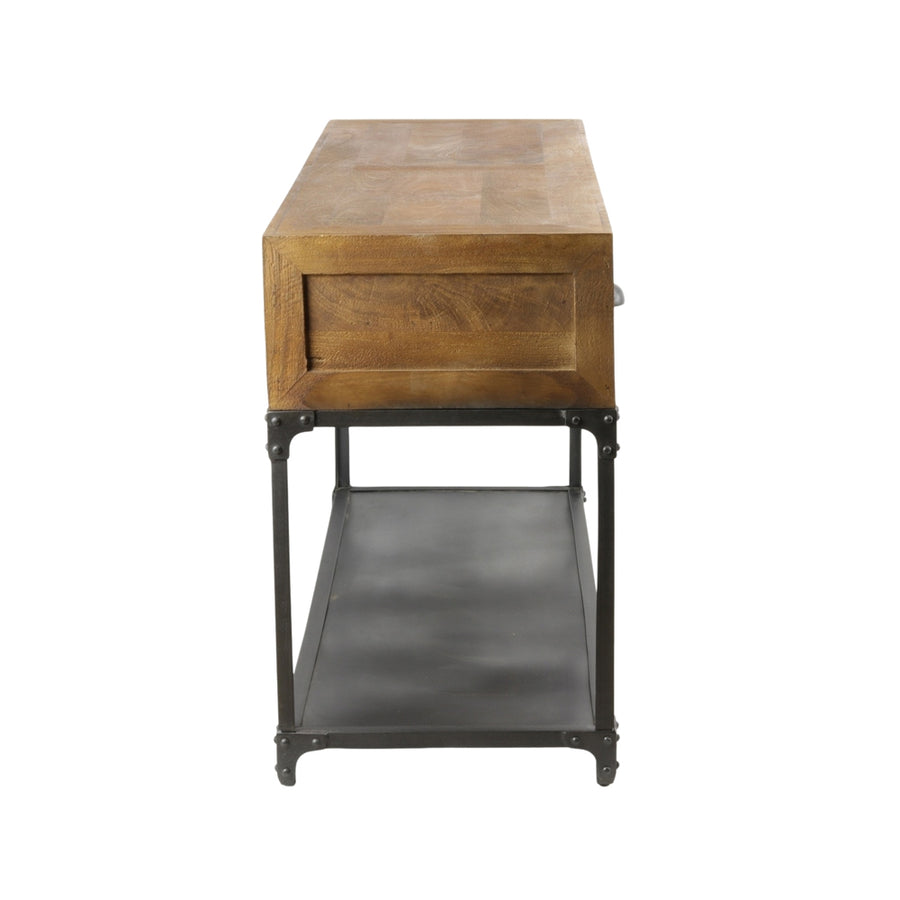 Oldalnézeti kép a konzolasztalról, látható a vastag fa test és az alsó fém polc