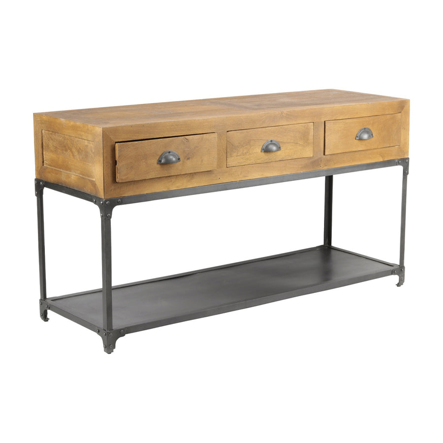 Loft stílusú mangófa-fém konzolasztal három fiókkal és alsó polccal, ferde nézetben