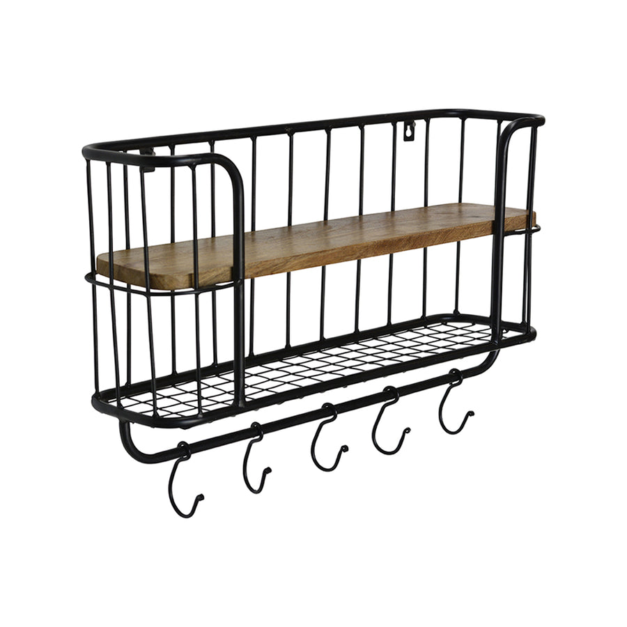 Fektet, fém fogasokkal felszerelt konyhai fali polc.