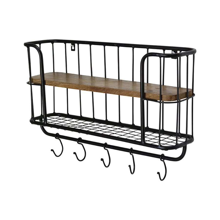 Fektet, fém fogasokkal felszerelt konyhai fali polc.