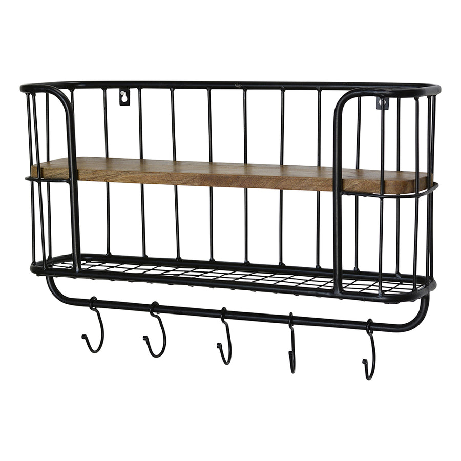 Fektet, fém fogasokkal felszerelt konyhai fali polc.