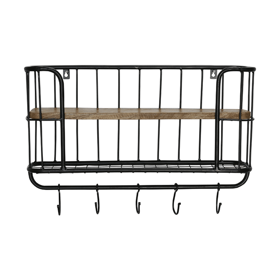 Fektet, fém fogasokkal felszerelt konyhai fali polc.