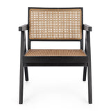 Fekete színű, teakfából és rattanból készült, formatervezett design fotel.
