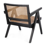 Fekete színű, teakfából és rattanból készült, formatervezett design fotel.