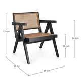 Fekete színű, teakfából és rattanból készült, formatervezett design fotel.