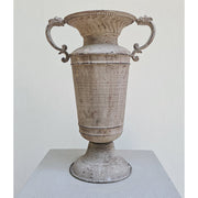 Antikolt felületű, szürke színű, fém dekor váza.