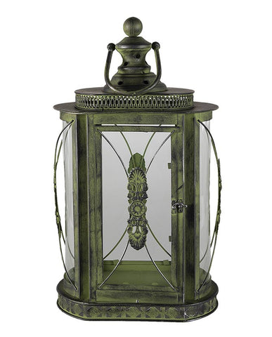 Ívelt üvegezésű, antik zöld színű, fém lámpás.
