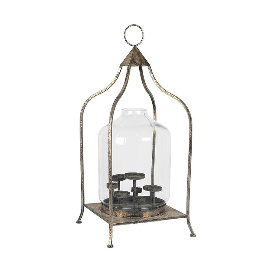 7 ágú gyertyatartóval rendelkező, antik rézszínű fém lámpás.