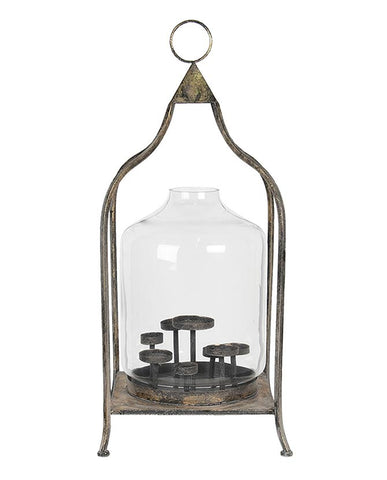 7 ágú gyertyatartóval rendelkező, antik rézszínű fém lámpás.