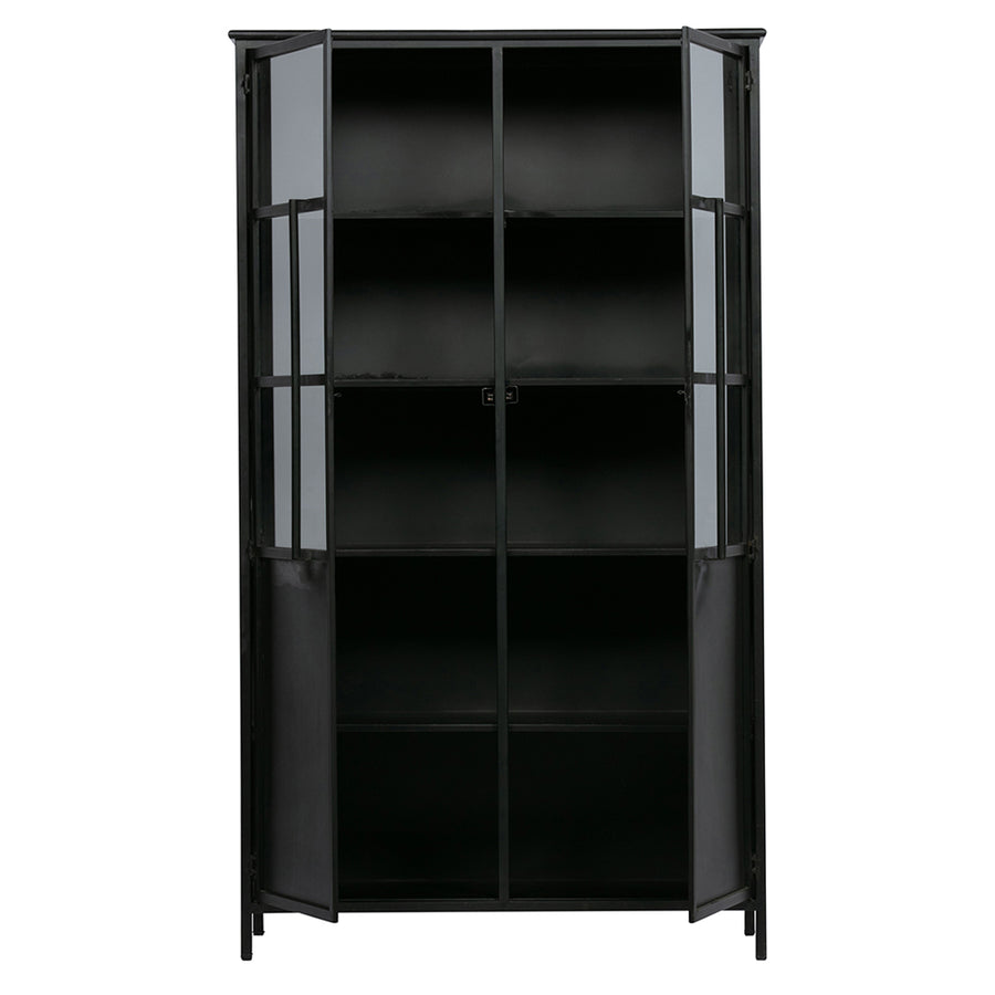 Fekete színű, kortárs design vitrines szekrény, modern, matt bevonattal.