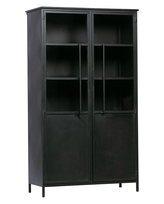 Fekete színű, kortárs design vitrines szekrény, modern, matt bevonattal.