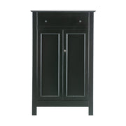 Matt fekete színű, 1 fiókkal és 2 polccal rendelkező, zárható kialakítású, kétszárnyas fenyőfa komód.