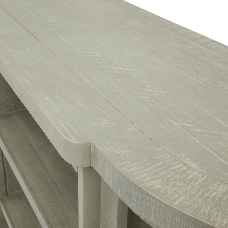 Tömör fenyőfából készült, mosott szürke színű, polcos tároló.