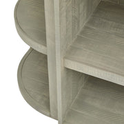 Tömör fenyőfából készült, mosott szürke színű, polcos tároló.