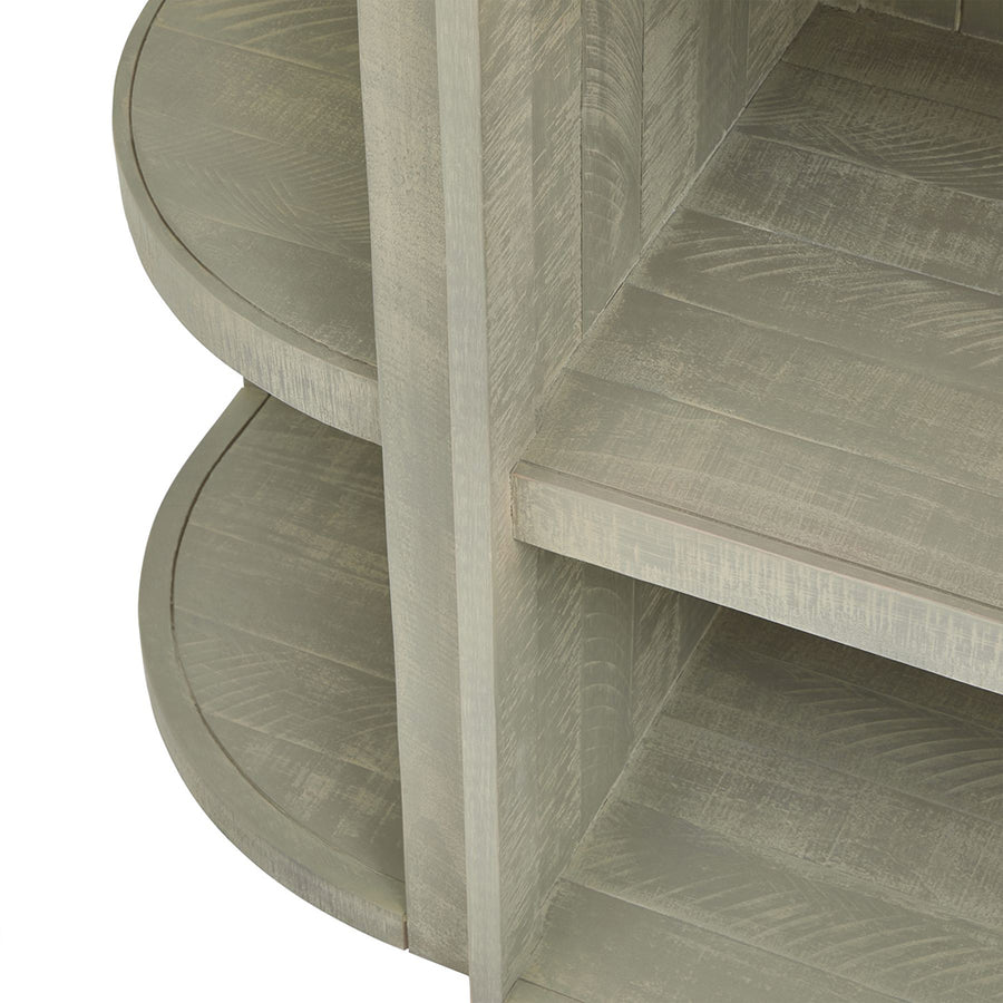 Tömör fenyőfából készült, mosott szürke színű, polcos tároló.