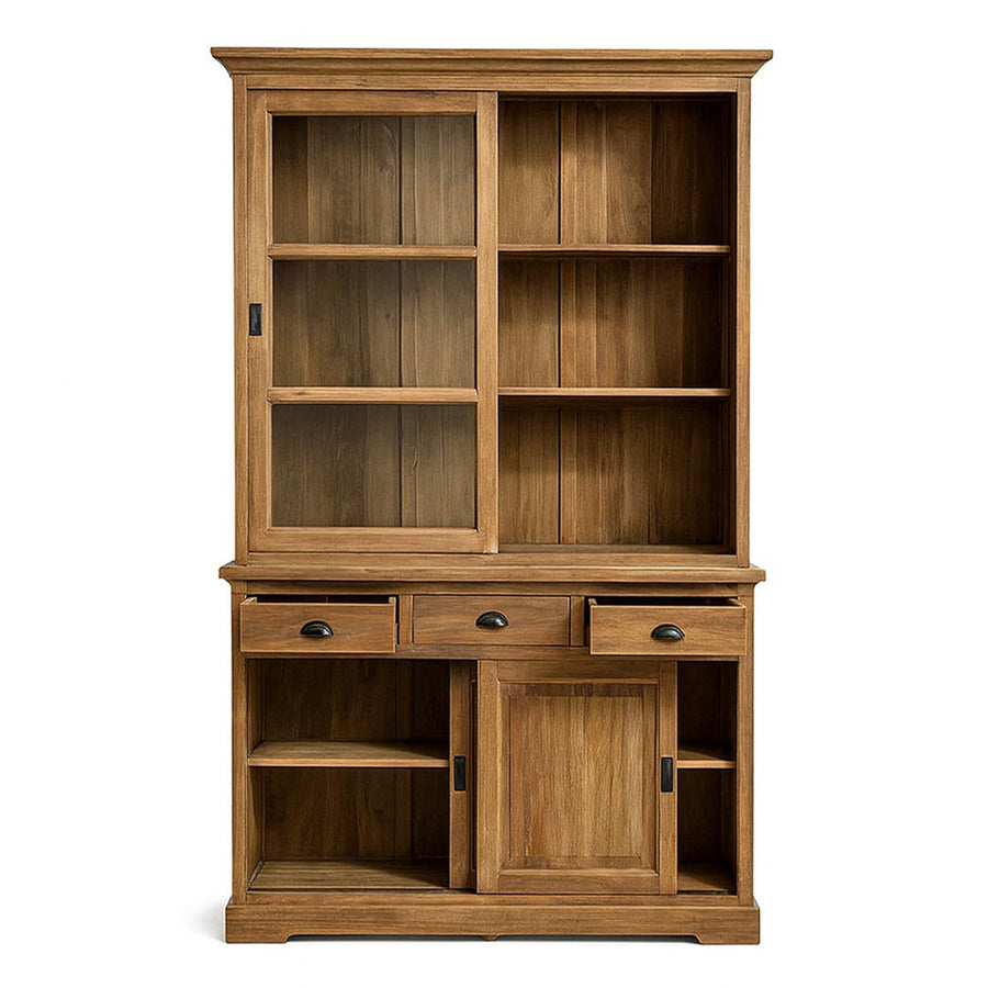 A FEROE teakfa szekrény nyitott állapotban, látható fiókokkal és tárolórekeszekkel