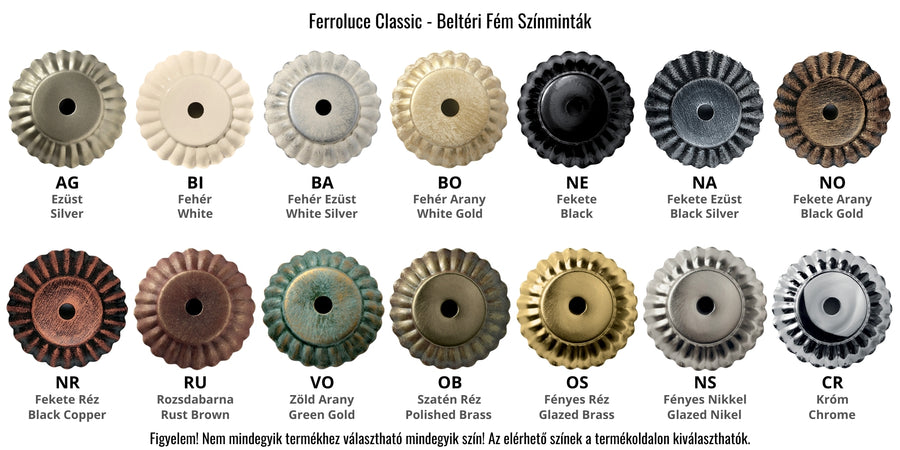 Ferroluce Classic beltéri kollekció fém színmintái, 14 színben, köztük vintage ezüst, arany, antikolt, fekete, zöld és réz, nikkel színárnyalatok.