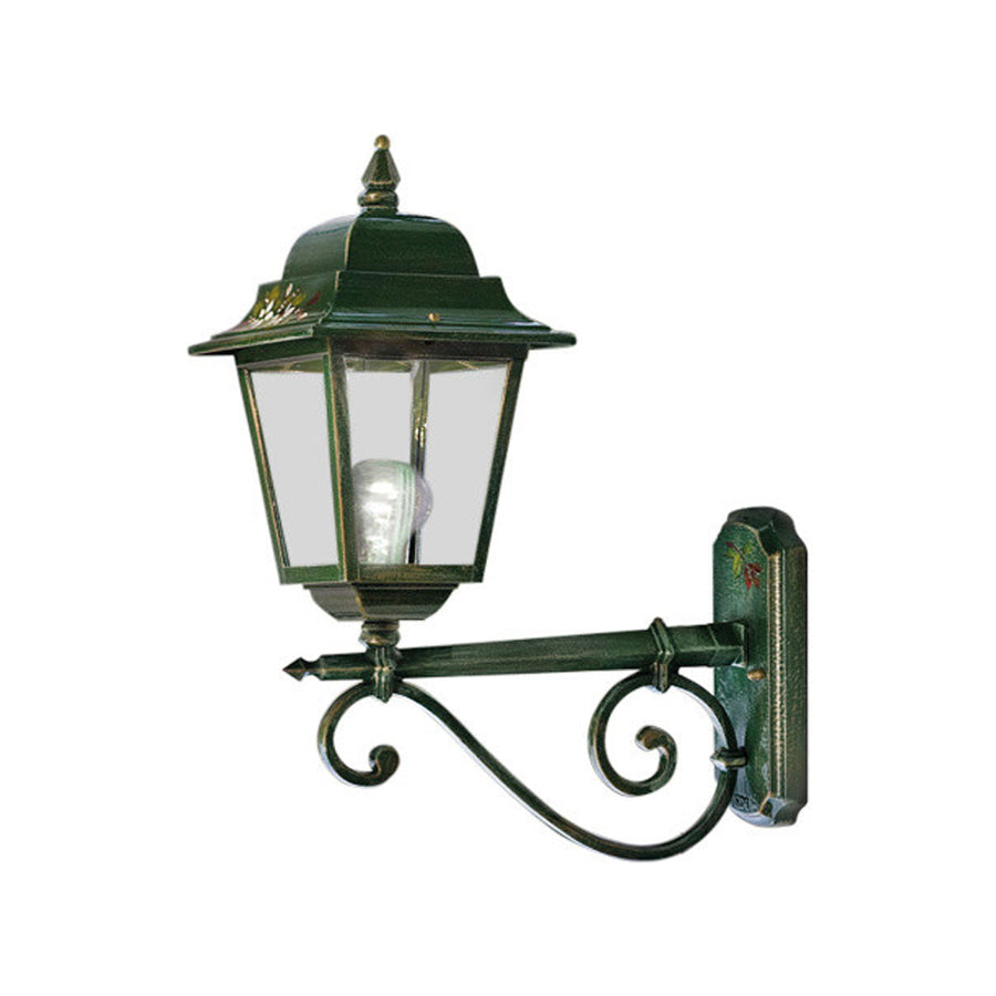 Ferroluce Classic Gorizia kültéri alumínium falilámpa kézzel festett dekorral, vintage zöld színben, üvegburával és E27 foglalattal.