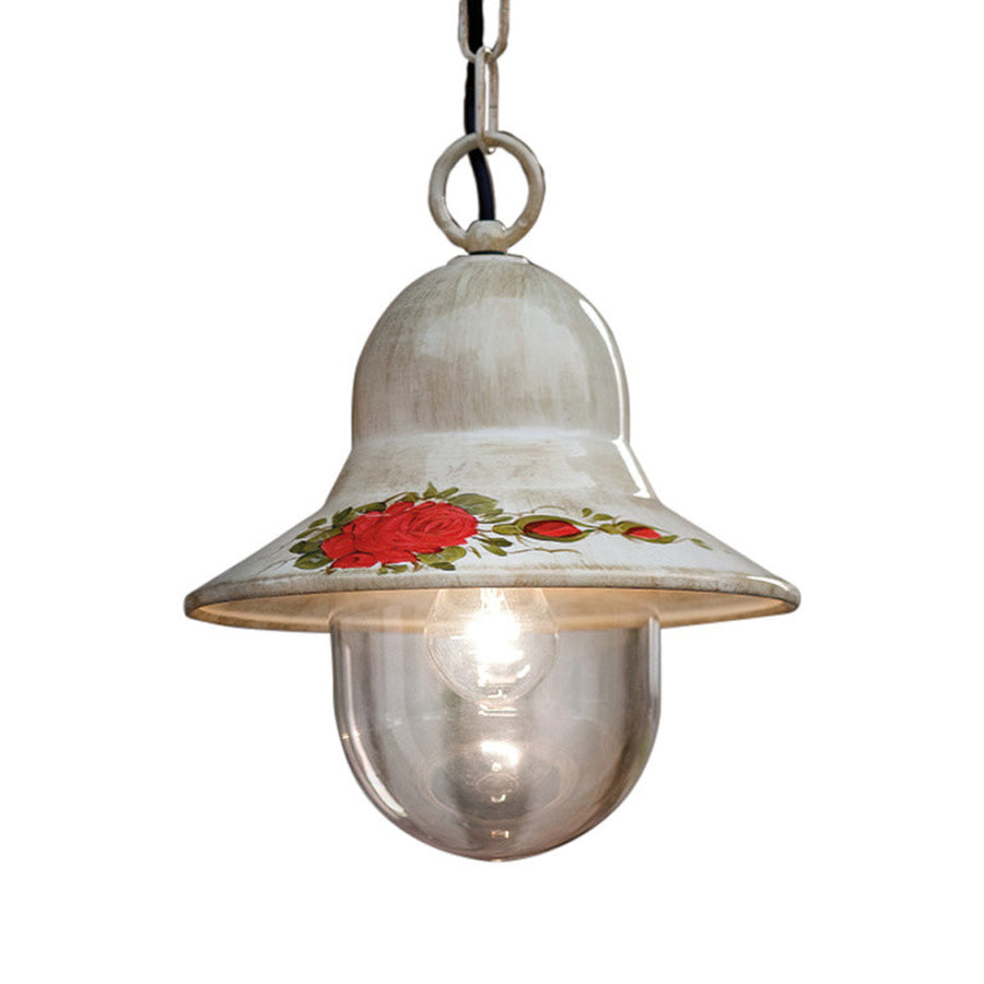 Ferroluce Classic Imperia kültéri kerámia függeszték lámpa piros rózsa mintával, fehér, antikolt felületű mázas kerámiából, üvegbúrával és láncos felfüggesztéssel.