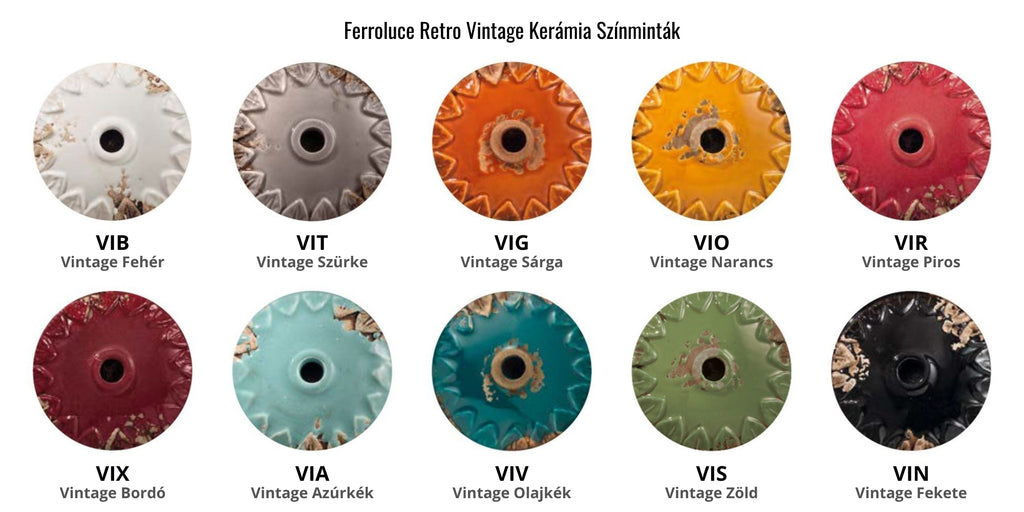 Ferroluce Retro Vintage kerámia színminták – tízféle kézzel antikolt árnyalat, köztük Vintage Fehér, Szürke, Sárga, Narancs, Piros, Bordó, Azúrkék, Olajkék, Fekete és Zöld