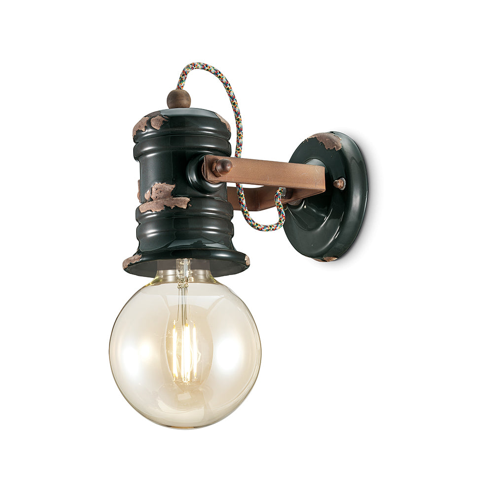 Ferroluce Retro Urban ipari stílusú falilámpa vintage fekete mázas kerámia lámpatesttel, E27-es foglalattal és textilkábellel.