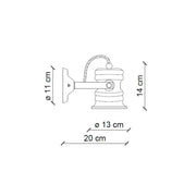 Ferroluce Retro Urban falilámpa műszaki rajz méretekkel: átmérő 13 cm, magasság 14 cm, fali kar hossza 20 cm, mennyezeti rögzítő 11 cm.