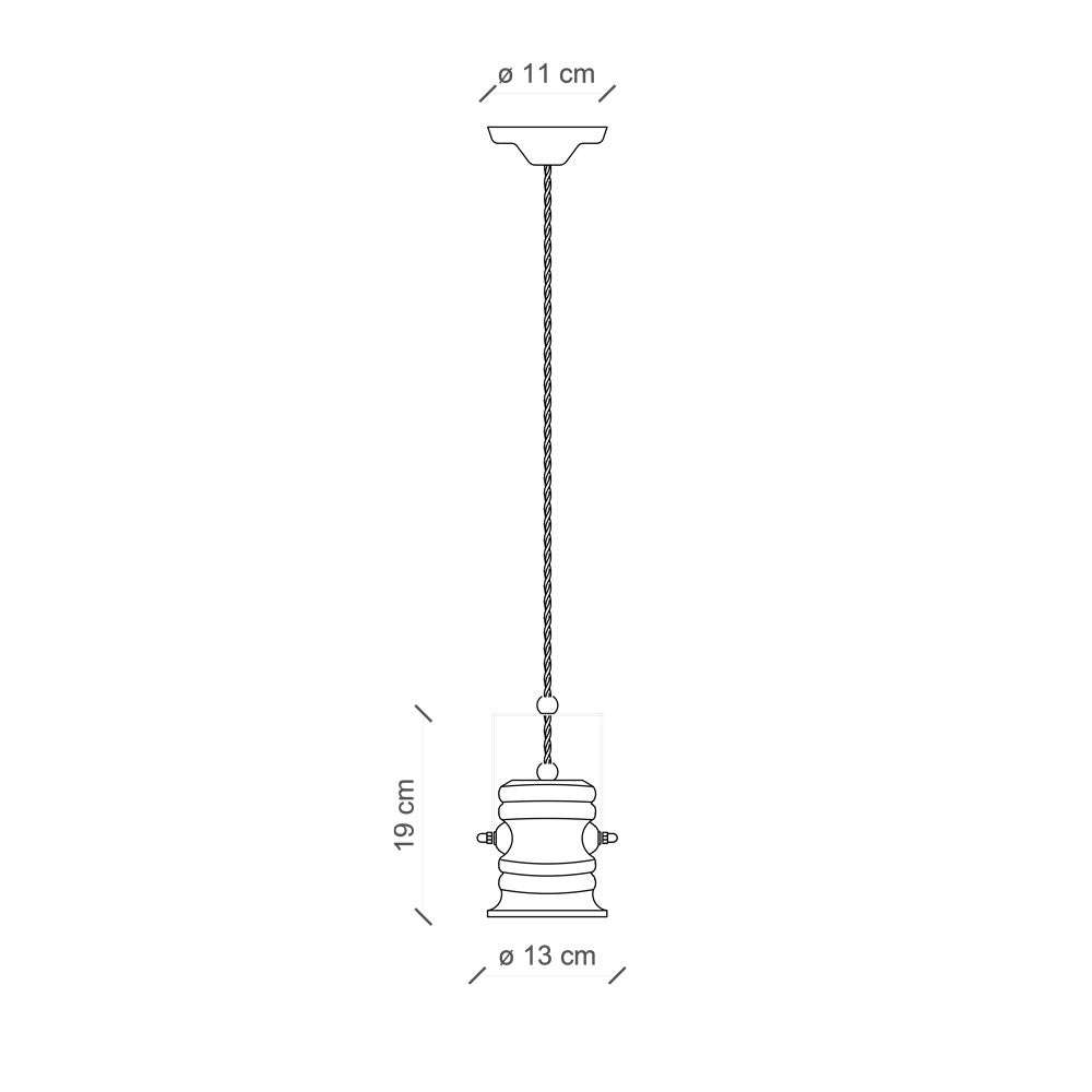 Ferroluce Retro Urban függesztett lámpa méretrajz – 13 cm átmérő, 19 cm magasság, 11 cm mennyezeti talp, textilkábel felfüggesztéssel.