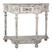 Antikolt, patinás felületű, krémszínű, 1 fiókos fa konzolasztal.