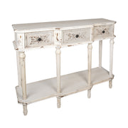 Antikolt, patinás felületű, krémszínű, 3 fiókos fa konzolasztal.