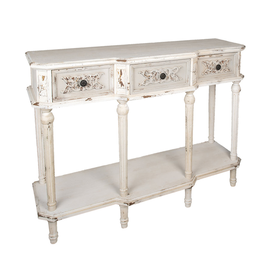 Antikolt, patinás felületű, krémszínű, 3 fiókos fa konzolasztal.