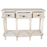 Antikolt, patinás felületű, krémszínű, 3 fiókos fa konzolasztal.