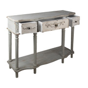 Antikolt, patinás felületű, szürke színű, 3 fiókos fa konzolasztal .