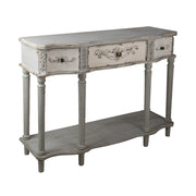 Antikolt, patinás felületű, szürke színű, 3 fiókos fa konzolasztal .
