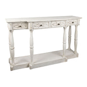 Antikolt, patinás felületű, fehér színű, 4 fiókos fa konzolasztal.