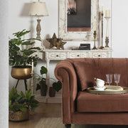 Antikolt, patinás felületű, fehér színű, 4 fiókos fa konzolasztal.