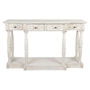 Antikolt, patinás felületű, fehér színű, 4 fiókos fa konzolasztal.