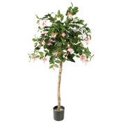 110 cm magas mű fukszia fa fekete cserépben, rózsaszín virágokkal és zöld lombbal.