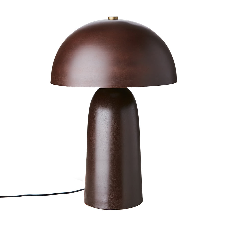 Barna színű, gomba formájú, fém design asztali lámpa.