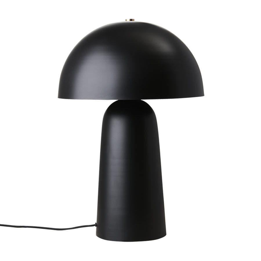 Fekete színű, gomba formájú, fém design asztali lámpa.