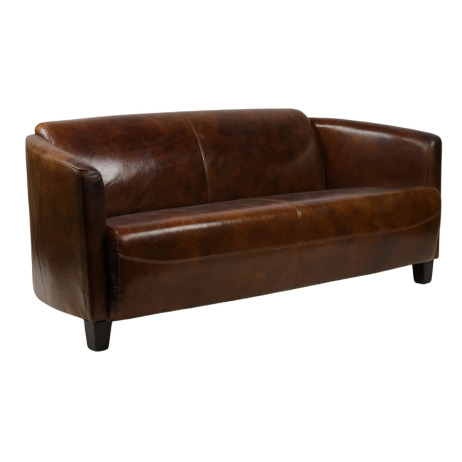 Háromszemélyes vintage stílusú bőrkanapé dohánybarna színben, ívelt háttámlával és valódi bőr kárpitozással