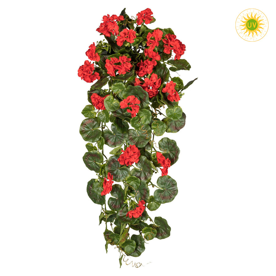 UV-álló csüngő mű muskátli piros virágokkal 80 cm hosszúságban