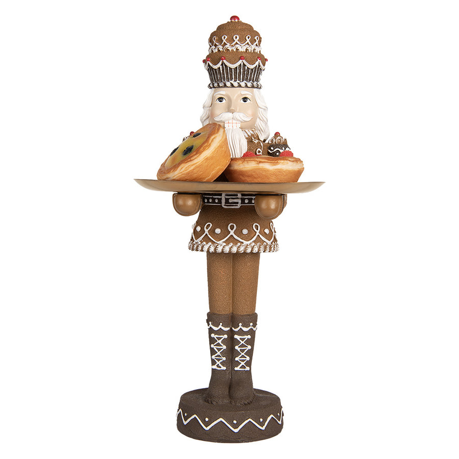 GINGERBREAD mézeskalács diótörő figura süteményekkel megrakott aranyszínű tálcával