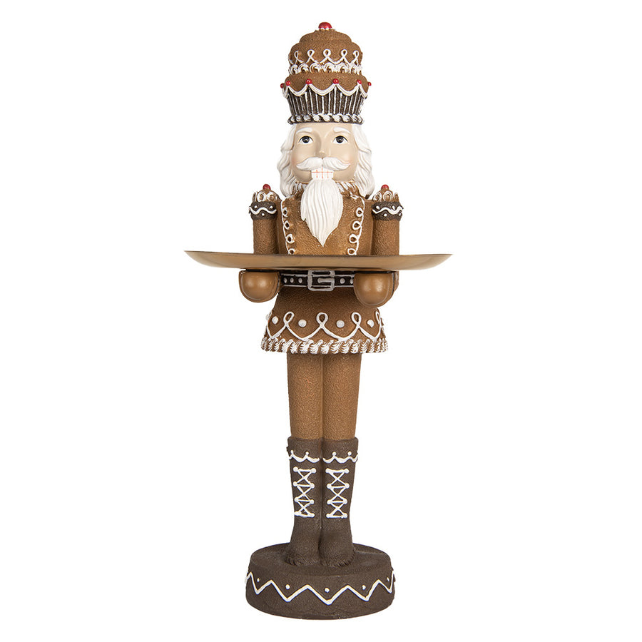 GINGERBREAD barna mézeskalács diótörő figura 40 cm aranyszínű tálcával elölnézet