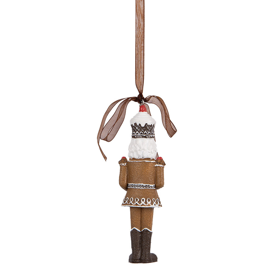 GINGERBREAD függeszthető diótörő figura hátoldala barna organza szalaggal